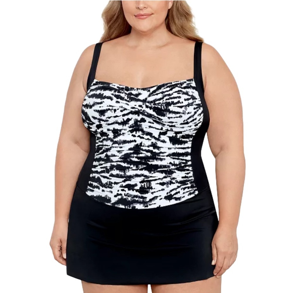 Swim Solutions Plus Size Tummy Control Twist Bra Skater Swimsuit NWT